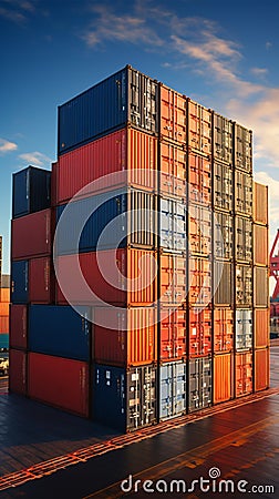 Harbor container display Stacked cargo containers aboard ship, port scenery in focus Stock Photo