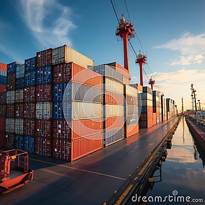 Harbor container display Stacked cargo containers aboard ship, port scenery in focus Stock Photo