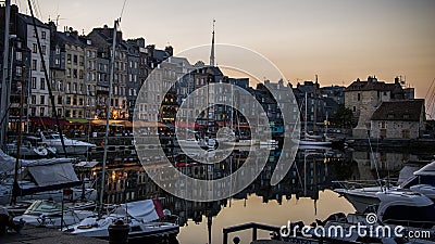 Harbor in Honfleur, Normandy, France at dusk Editorial Stock Photo