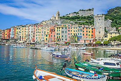 Harbor at Portovenere, Cinque Terre, Liguria, Italy with boats Editorial Stock Photo