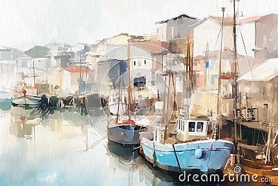 Harbor, retro harbor with boats and pier, seascape painted with watercolors on textured paper. Digital Watercolor Painting Stock Photo