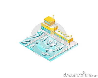 Harbor sea boats and yacht pier. Vector Illustration