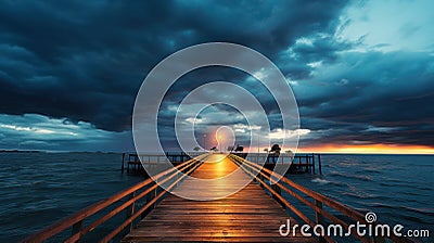 Harbor at Twilight - Stormy sky above pier at dusk. Generative AI Stock Photo