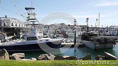 Harbor village, fisherman boats and yachts. Nautical vessel for fishing in port, fishery industry. Editorial Stock Photo