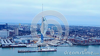 Harbour of Portsmouth England with famous Spinnaker Tower - aerial view - PORTSMOUTH, ENGLAND, DECEMBER 29, 2019 Editorial Stock Photo