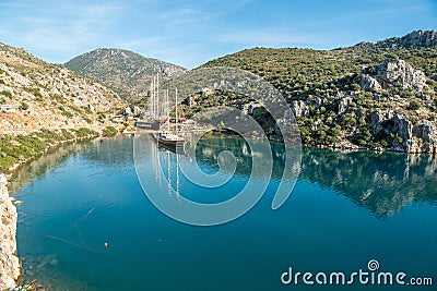 Harbour with a small shipyard along the Mediterranean coastline in Bozburun village near Marmaris resort town in Mugla province of Stock Photo