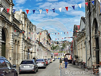Harbour Street at the Victorian precinct in Oamaru in the afternoon, New Zealand Editorial Stock Photo