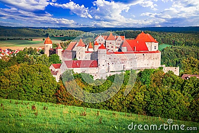 Harburg, Swabia. Beautiful medieval castle in historical Bavaria, Germany. Wornitz River rural landscape Stock Photo