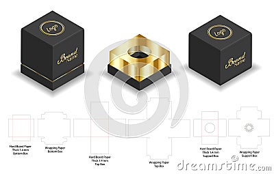 Hard board paper rigid box 3d mockup with dieline Vector Illustration