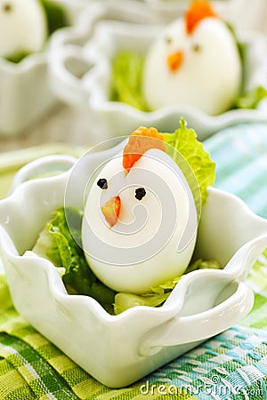 Hard boiled Chicken Egg Family. Easter food for kids Stock Photo
