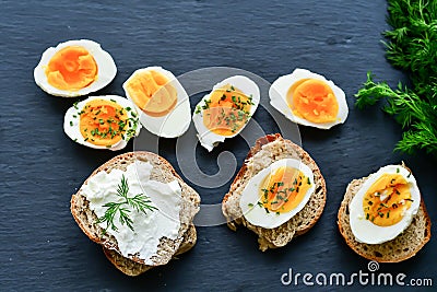 Hard Boiled Eggs and Sandwiches Stock Photo