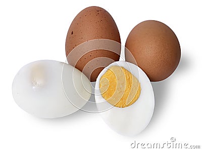 Hard boiled peeled chicken egg sliced in half cut out isolated Stock Photo