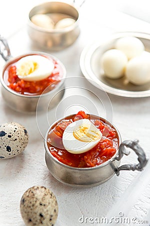 Hard boiled quail eggs Stock Photo