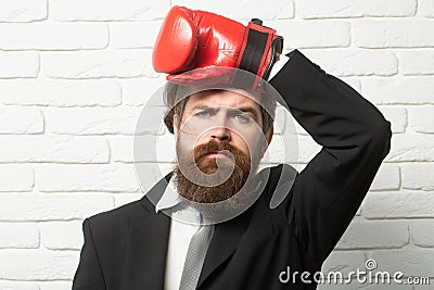 Hard business. Funny tired boxer businessman, business battle. Business competition job concept. Stock Photo