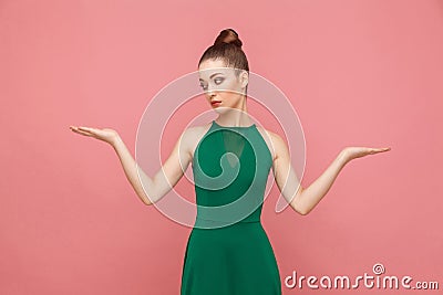 Hard choice. I don`t know. Portrait of attractive beautiful puzz Stock Photo