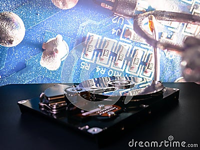 Hard disk on the background. Data collection, archiving of important data. Stock Photo