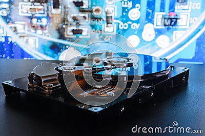 Hard disk on the background. Data collection, archiving of important data. Stock Photo