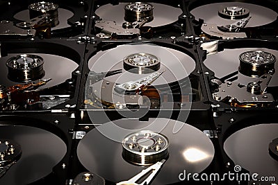 Hard Disk Computer Drives opened and aligned. Stock Photo