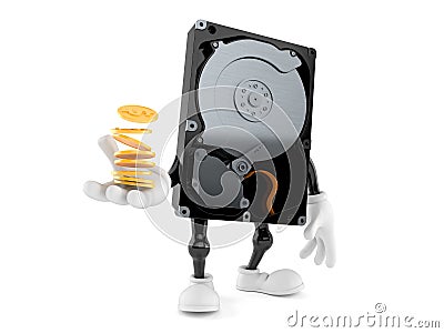 Hard disk drive character with stack of coins Cartoon Illustration