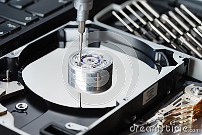 Disassembled hard disk drive inside close-up, spindle, actuator arm, read write head, platter, disassembly tools Stock Photo