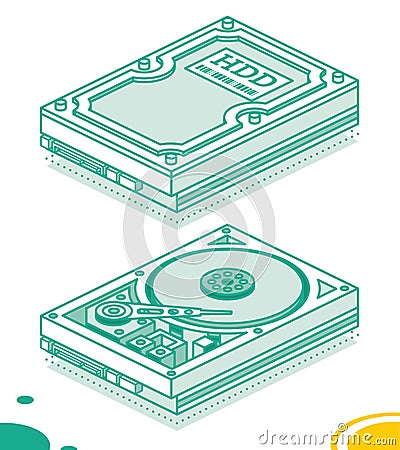 Hard Disk Drive. Isometric Outline Concept. Highly Detailed Open HDD. Isolated Objects Stock Photo