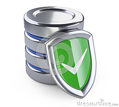 Hard disk icon with green protection shield. Database security concept Cartoon Illustration