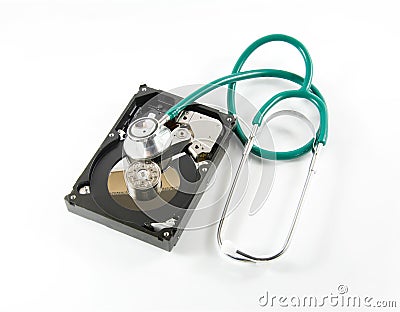 Hard disk with a sthetoscope Stock Photo