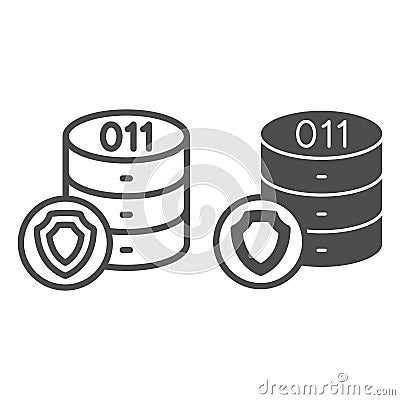 Hard disks array with emblem line and solid icon, data protection concept. Vector graphics. Storage with shield sign on Vector Illustration