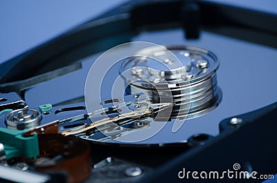Hard drive close-up on a blue background Stock Photo