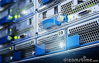 The hard drive in computer server is close-up. Data storage is performed on media. Selective focus Stock Photo