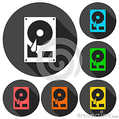 Hard drive icons set with long shadow Vector Illustration