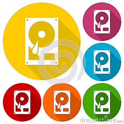 Hard drive icons set with long shadow Vector Illustration