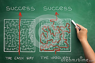 Hard and easy way illustrated shown by maze Stock Photo