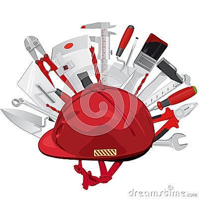 Hard hat with construction tools. Red helmet, trowel, brush, hammer. Vector Illustration
