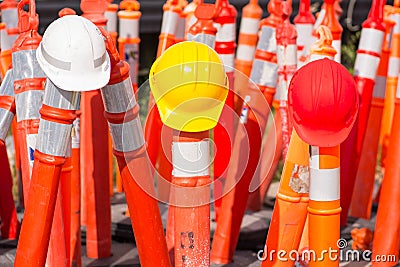 Hard Hats on Road highway construction Stock Photo