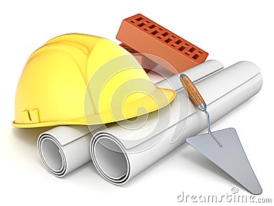 Hard helmet, trowel, bricks and drawings. Engineering concept. 3D Cartoon Illustration