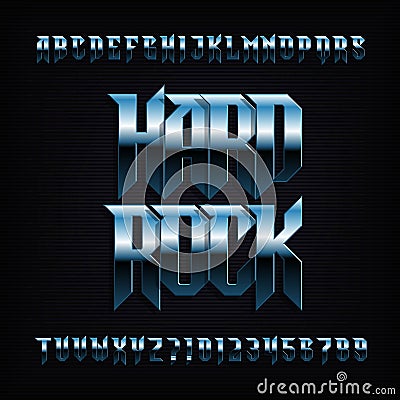 Hard rock alphabet font. Metal effect shiny letters, numbers and symbols. Vector Illustration