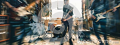 A hard rock band in blurred motion thrashes their instruments in a dilapidated industrial building Stock Photo