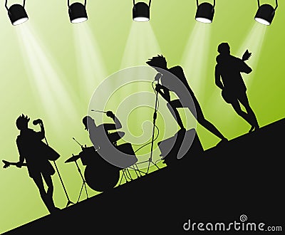 Hard Rock band silhouette on stage. Action angle with searchlights. Vector Illustration