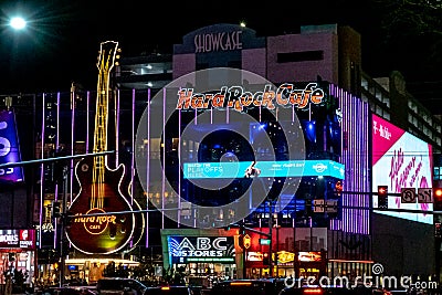 Hard Rock Cafe, nightime, Las Vegas Boulevard, December 2018. Editorial Stock Photo