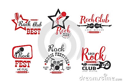 Hard Rock Club Logo and Emblems with Electric Guitar Vector Set Vector Illustration