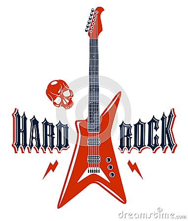 Hard Rock emblem with electric guitar vector logo, concert festival or night club label, music theme illustration, guitar shop or Vector Illustration