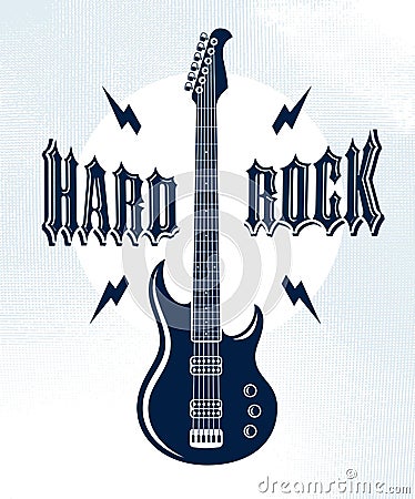 Hard Rock emblem with electric guitar vector logo, concert festival or night club label, music theme illustration, guitar shop or Vector Illustration