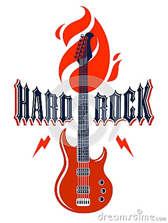 Hard Rock emblem with electric guitar vector logo, concert festival or night club label, music theme illustration, guitar shop or Vector Illustration