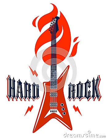 Hard Rock emblem with electric guitar vector logo, concert festival or night club label, music theme illustration, guitar shop or Vector Illustration