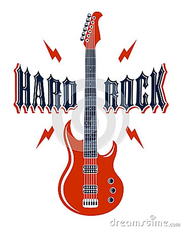 Hard Rock emblem with electric guitar vector logo, concert festival or night club label, music theme illustration, guitar shop or Vector Illustration