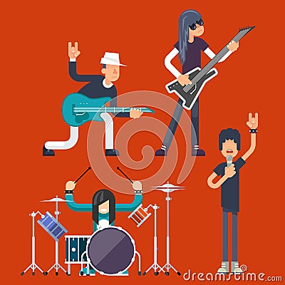 Hard Rock Heavy Folk Group Band Music Icons Guitarist Singer Bassist Drummer Concept Flat Design Vector Illustration Vector Illustration