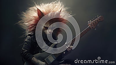 Hard rock metal cat with unruly long fur hair playing electric guitar at concert- generative AI Cartoon Illustration