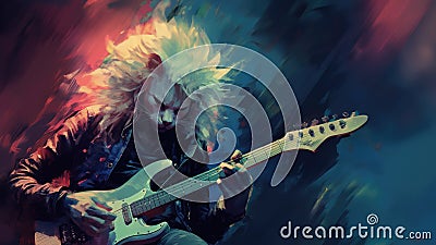 Hard rock metal cat with unruly long fur hair playing electric guitar at concert- generative AI Cartoon Illustration