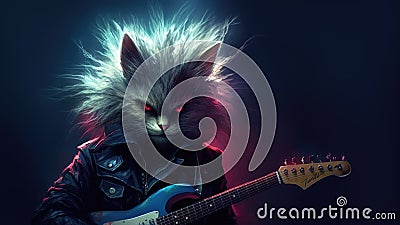 Hard rock metal cat with unruly long fur hair playing electric guitar at concert- generative AI Cartoon Illustration